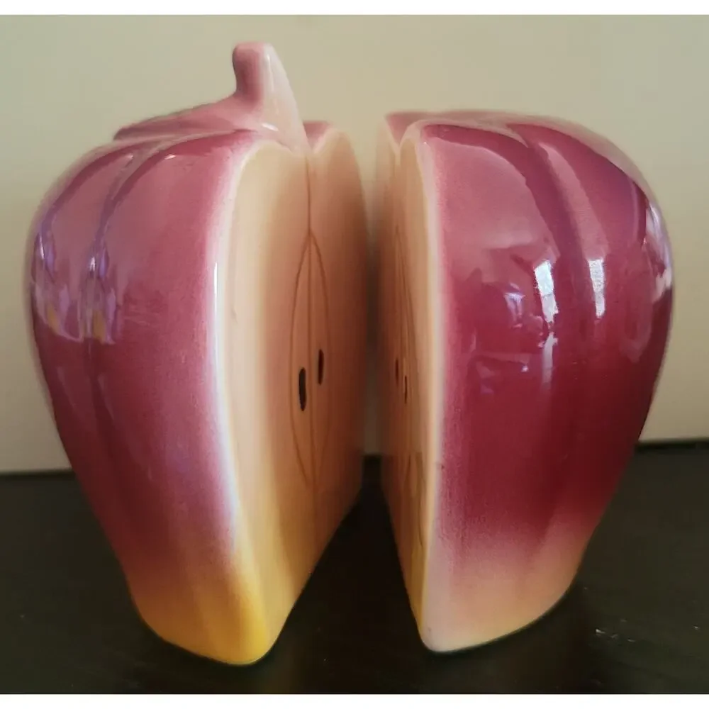 Vtg Ceramic Apple Salt & Pepper Shakers Red 2 Halves 3.5